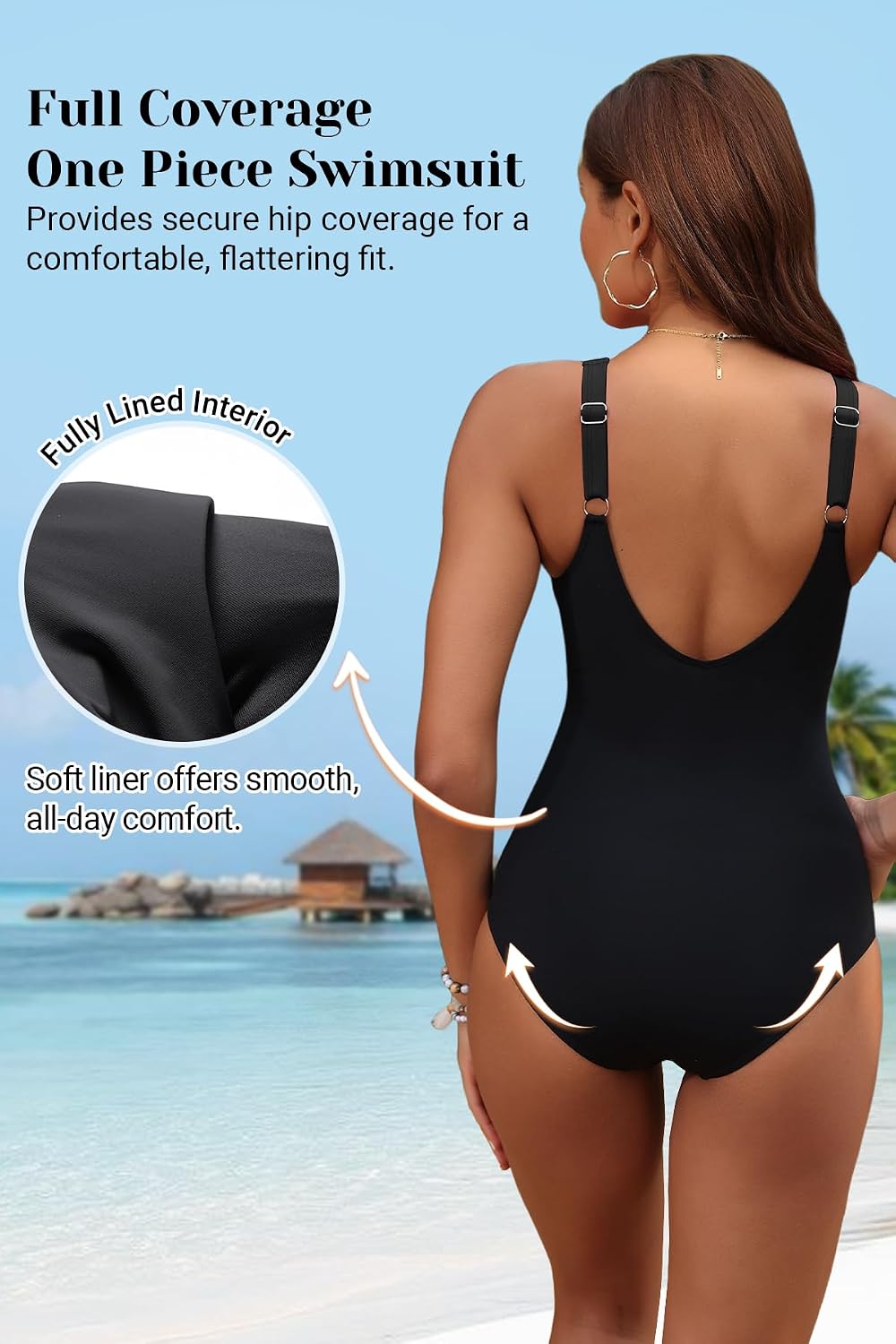 HOTWomen's Tummy Control One Piece Swimsuit Push Up Full Coverage Bathing Suit | V-Neck Twist Front, Low-Back Design, Adjustable Straps, Removable Pads, Full Coverage, Long-Torso Fit, Beach and Pool Days