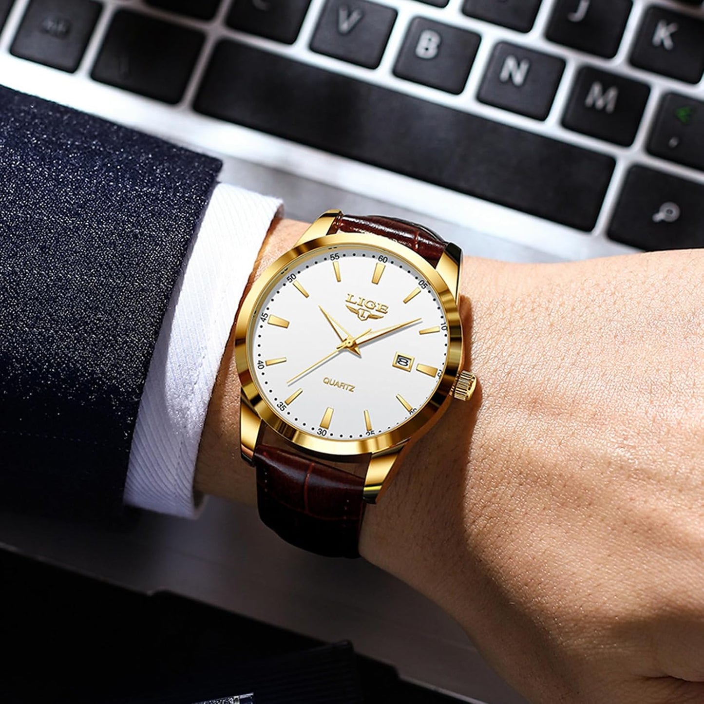 HOTLIGE Watches for Men Waterproof Analog Dress Vintage Chronograph Analog Casual Leather Stainless Steel Unique Quartz Movement Retro Luminous Elegant Men's Wrist Watch Date Display
