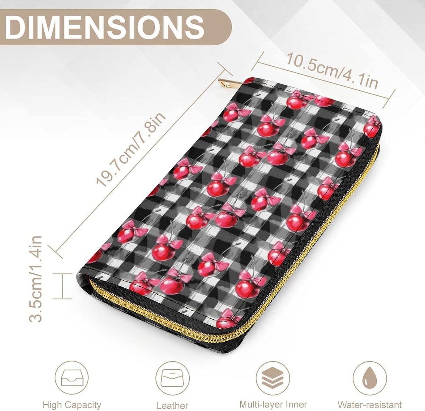 HOTCherry Bow Coquette Checkered Long Wallet Leather Hand Wallets Zipper Travel Credit Card Holder Clutch Wallet 7.8X4.1 Inch