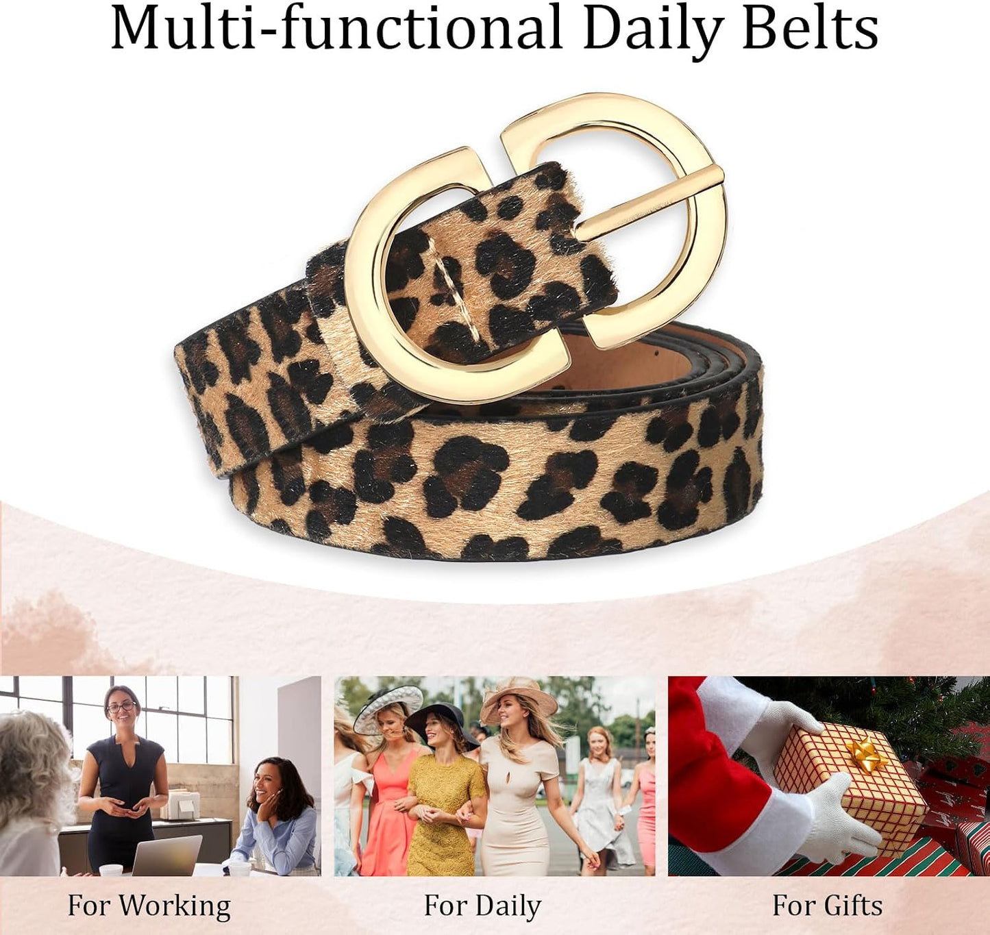 HOTYARIEW 4 Pack Leopard Belts for Women Leather Belts for Jeans Pants Ladies Dress Belt Waist Belt with Gold Buckle