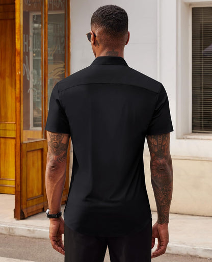 HOTLion Nardo Stretch Dress Shirts for Men Short Sleeve Slim Fit Casual Button Down Shirts Muscle Fit Men's Dress Shirts