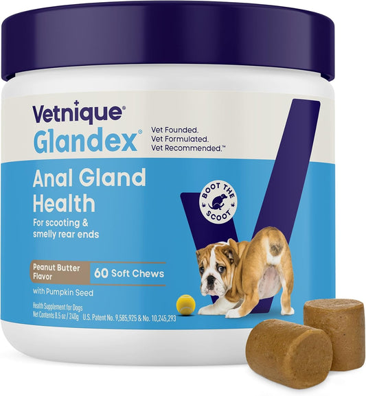 HOTVetnique Glandex for Dogs Anal Gland Chews 60ct, Pumpkin/Digestive Enzymes | Anal Gland Dog Treats, Boot the Scoot + Fishy Odor Support, Fiber, Probiotics, Quercetin + Apple Pectin, Peanut Butter