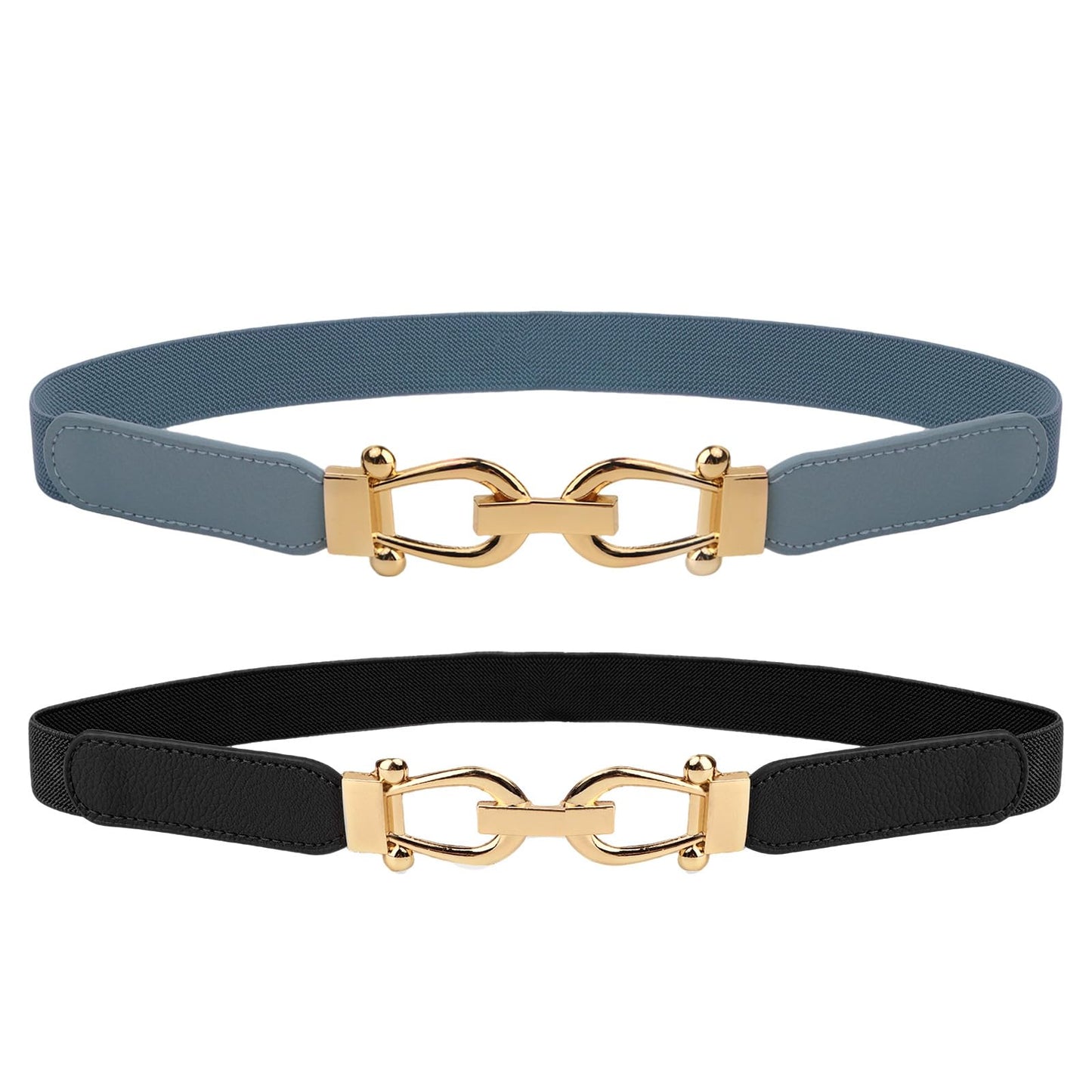 HOTWomen Stretchy Waist Belt, 70cm L Fit 27"-33" Waist 2.5cm W, Retro Elastic Gold Buckle for Ladies Dresses, 2 Pack