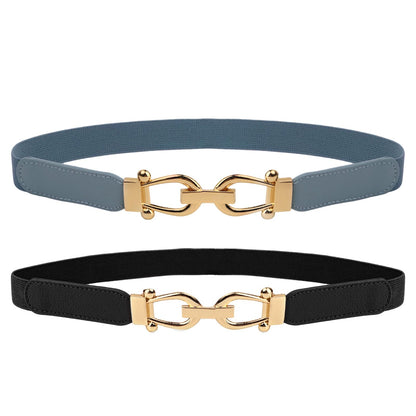 HOTWomen Stretchy Waist Belt, 70cm L Fit 27"-33" Waist 2.5cm W, Retro Elastic Gold Buckle for Ladies Dresses, 2 Pack