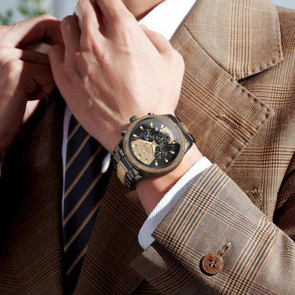 HOTOLEVS Men Watch Blue Gold Analog Quartz Stainless Steel Waterproof Luminous Date Luxury Casual Watch