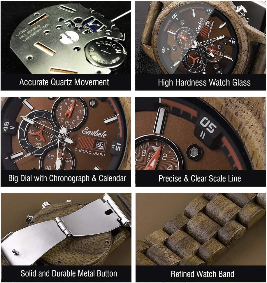 HOTEmibele Wooden Watch for Men, Date Display Chronograph Quartz Wrist Watch, 3 Sub-dials Handmade Light Weight Luminous Watch - Walnut