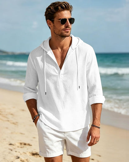 HOTMen's Cotton Linen Hoodies Casual Hooded Long Sleeve Button Down Shirts Lightweight Casual Hawaiian Beach Sweatshirts