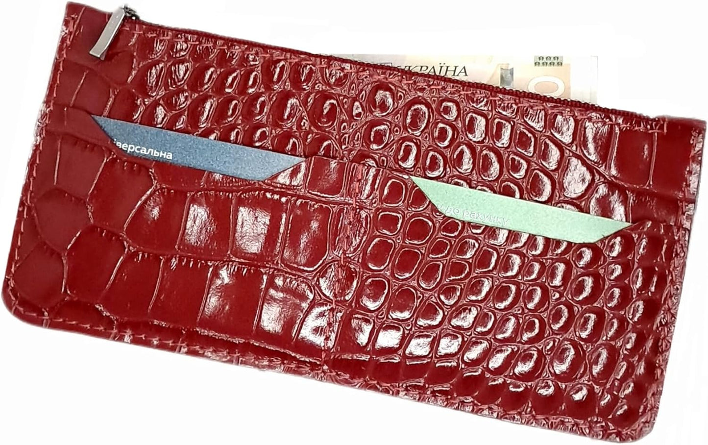 HOTINGVARR Unique Patent Slim Leather Wallet for women | Crocodile wallet | Gift For Her | Handmade wallet (Red)