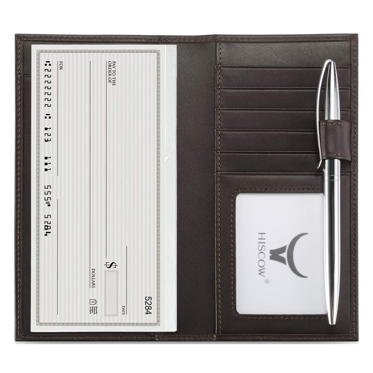 HOTHISCOW Leather Checkbook Cover with Card Slots & Pen Holder, Brown | Full grain cowhide, 5cc & ID window, personal check book & register pockets, removable duplicate divider, gifts for women men