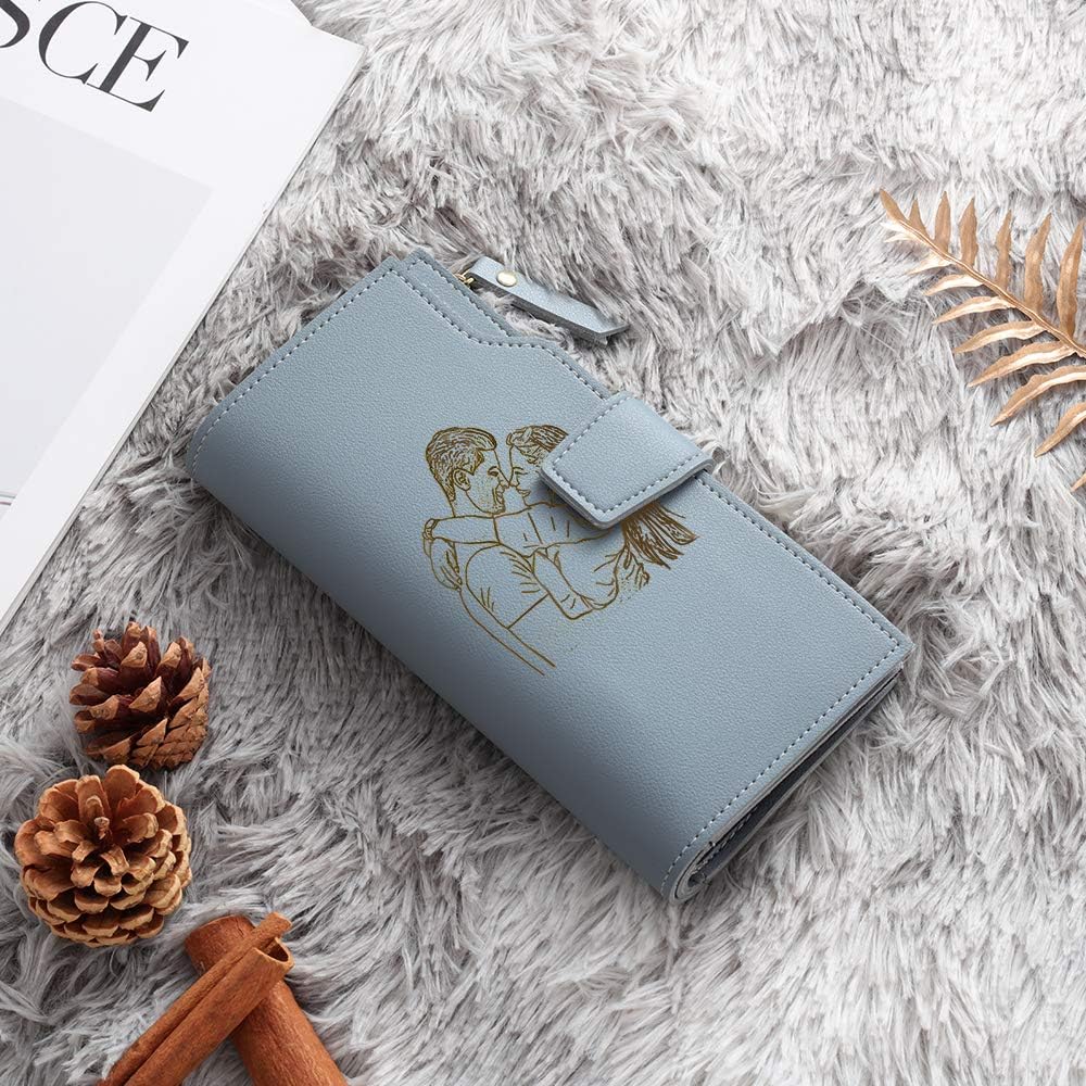 HOTLovejewelry Personalized Wallets for Women Photo Engraved PU Leather Trifold Wallet Credit Card Clutch Long Wallet for Girlfriend Mom Mother’s Day (Blue -2) (Wa-100359)