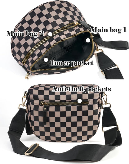 HOTBlack and White Checkered Crossbody Bag Bum Bag for Women,Spacious Checkered Purse Fanny Packs Belt Bag