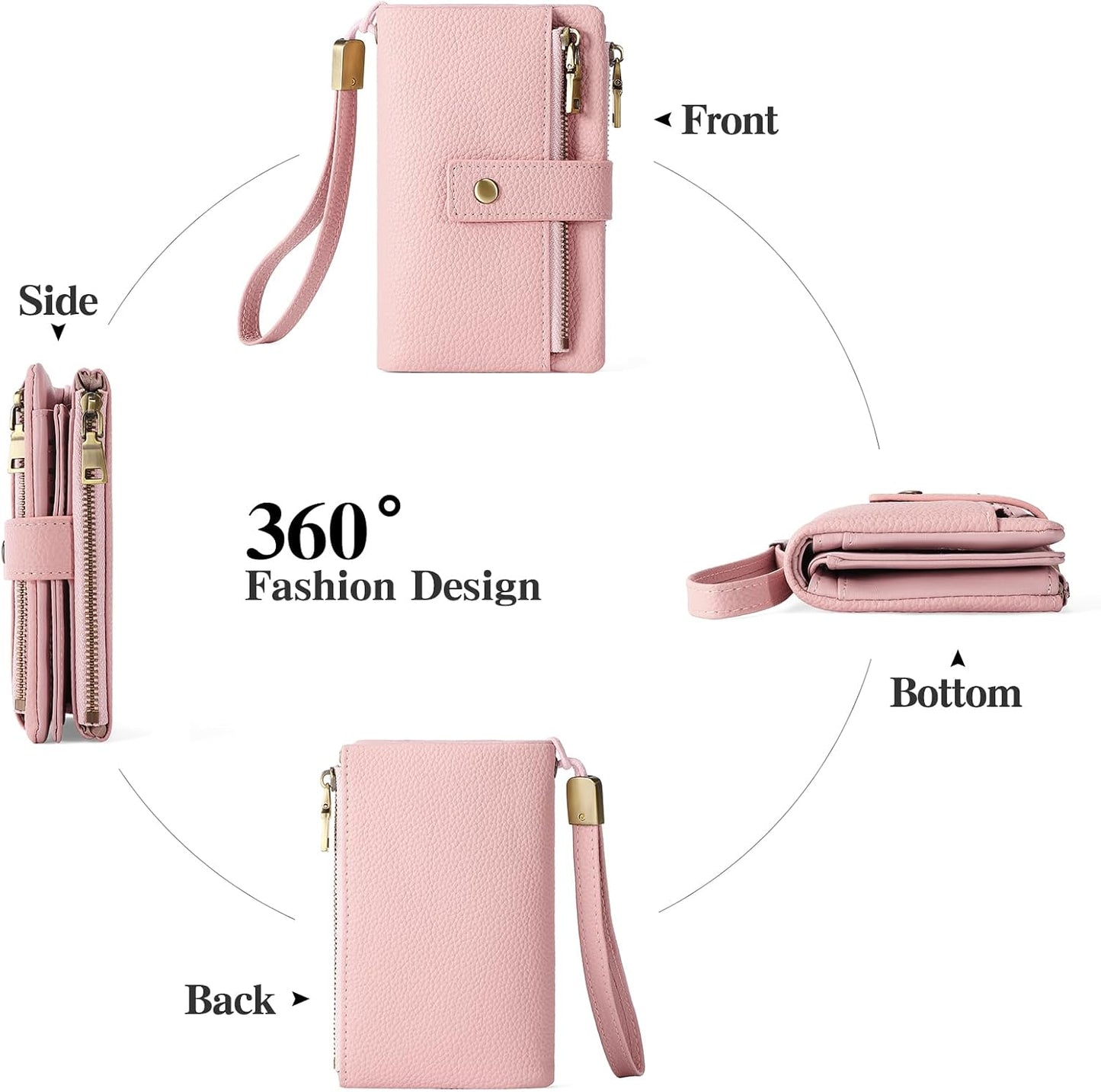 HOTSENDEFN Small Wallet for Women Leather RFID Blocking Wristlet Wallet Credit Card Holder with Double Zipper Coin Purse Ladies Bifold Purse