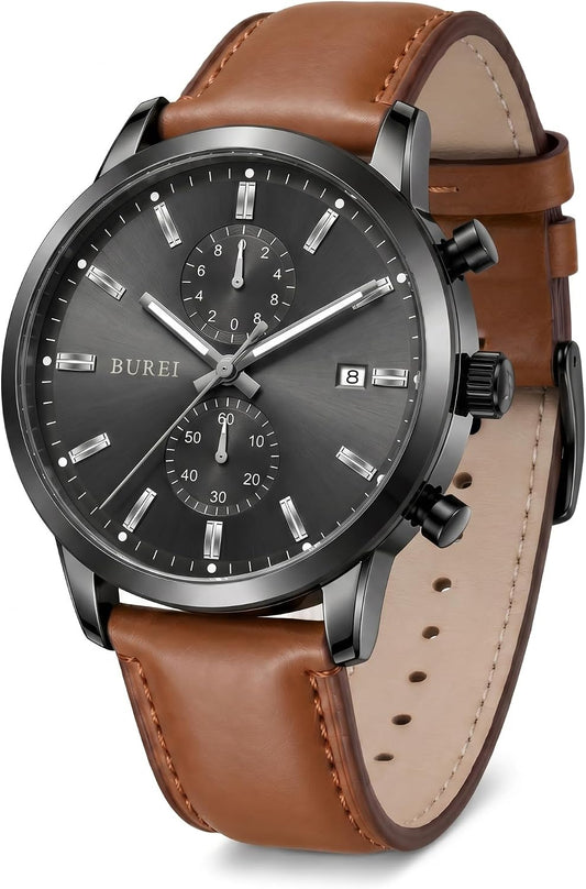 HOTBUREI Men's Leather Watches Chronograph Quartz Watches for Men Classic Cool Lightweight Wristwatch,Gift for Dad Husband Boyfriend