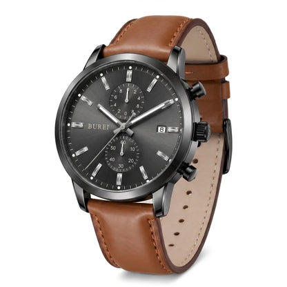 HOTBUREI Men's Leather Watches Chronograph Quartz Watches for Men Classic Cool Lightweight Wristwatch,Gift for Dad Husband Boyfriend