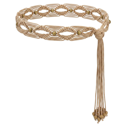 HOTWHIPPY Boho Braided Belt for Women Western Belt With Hand-Woven Wax Rope Country Tassel Belts for Dress, 2" Wide