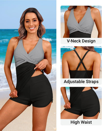 HOTWomen Tankini Swimsuits with Shorts Two Piece Tummy Control Bathing Suits | Two Pockets,Tummy Control,Built-in Brief,Quick Dry,Removable Cups,High Waisted Short