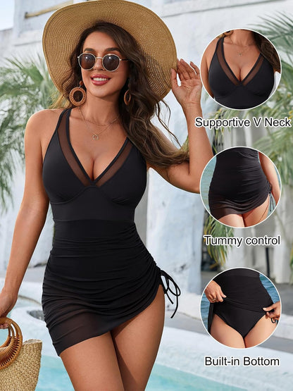 HOTBlooming Jelly Women One Piece Swim Dress Tummy Control Swimsuits Slimming Mesh Sheer Sarong Wraps Bathing Suit
