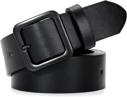 HOTXZQTIVE Women’s Leather Belts for Jeans Pants Dresses Fashion Ladies Black Belt with Square Buckle