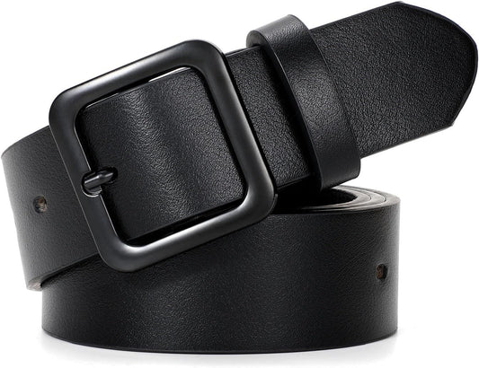 HOTXZQTIVE Women’s Leather Belts for Jeans Pants Dresses Fashion Ladies Black Belt with Square Buckle