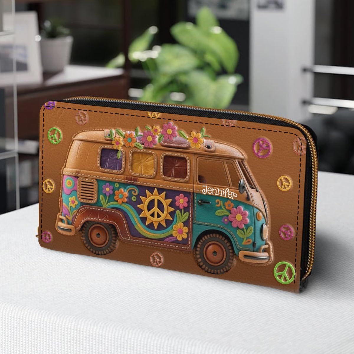 HOTFloral Hippie Van - Personalized Hippie Leather Long Wallet