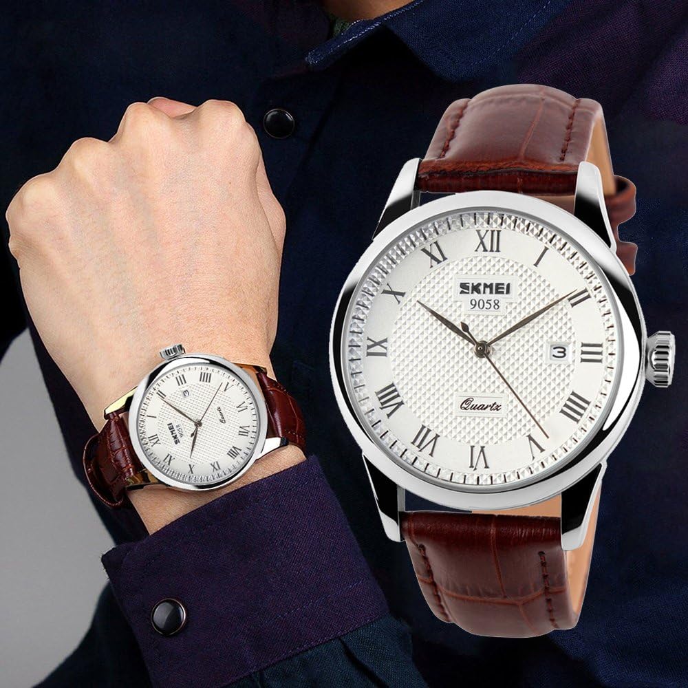 HOTSKMEI Business Men’s Quartz Wristwatches Roman Numeral Leather Band Casual Water Resist Analog Watches