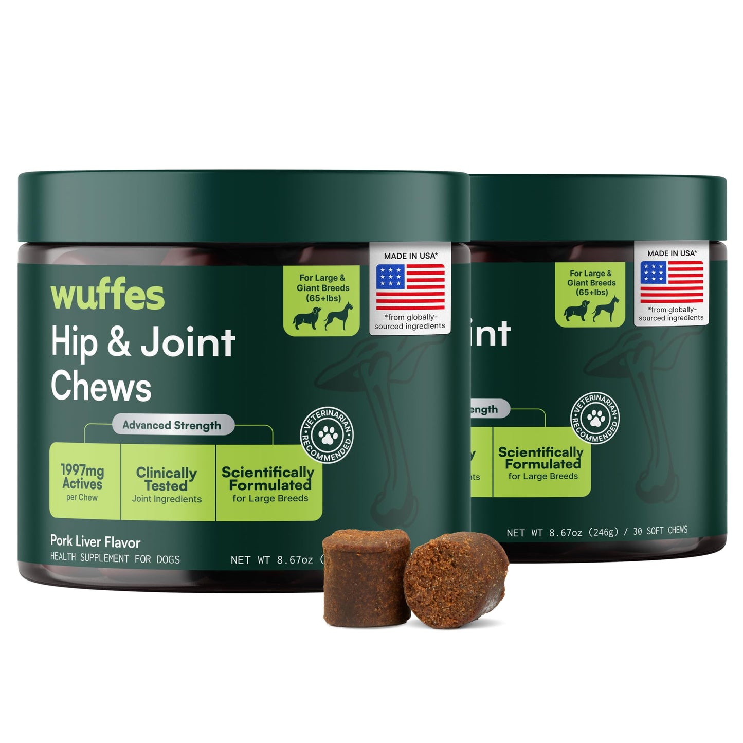HOTWuffes Advanced Dog Hip and Joint Supplement with Glucosamine, Chondroitin, Omega 3, MSM, and Green Lipped Mussel, 60 Pork Flavored Chews for Small and Medium Dog Breeds