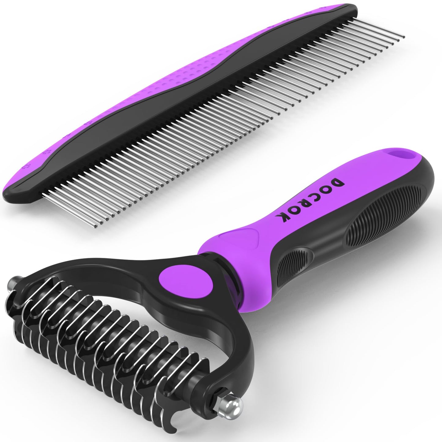HOTDocrok Pet Grooming Combo - Blue Deshedding Brush with Metal Comb for Detangling and Dematting Long, Matted Fur on Cats and Dogs