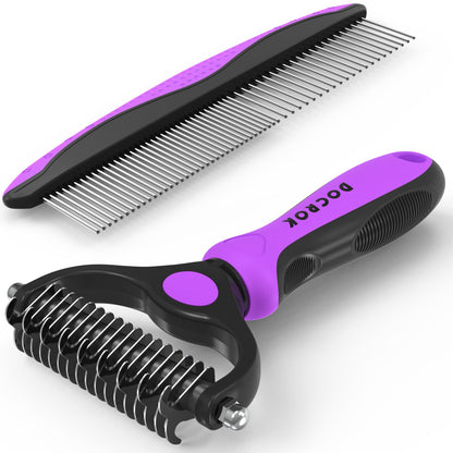 HOTDocrok Pet Grooming Combo - Blue Deshedding Brush with Metal Comb for Detangling and Dematting Long, Matted Fur on Cats and Dogs