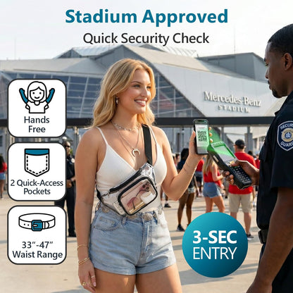 HOTVeckle Clear Fanny Pack Stadium Approved - Waist Belt Bag for Women, Black | Hands-Free Adjustable Strap, 2 Pockets Fit 7.5 in Phone, Water-Resistant for Sports Game Day Concerts Festival