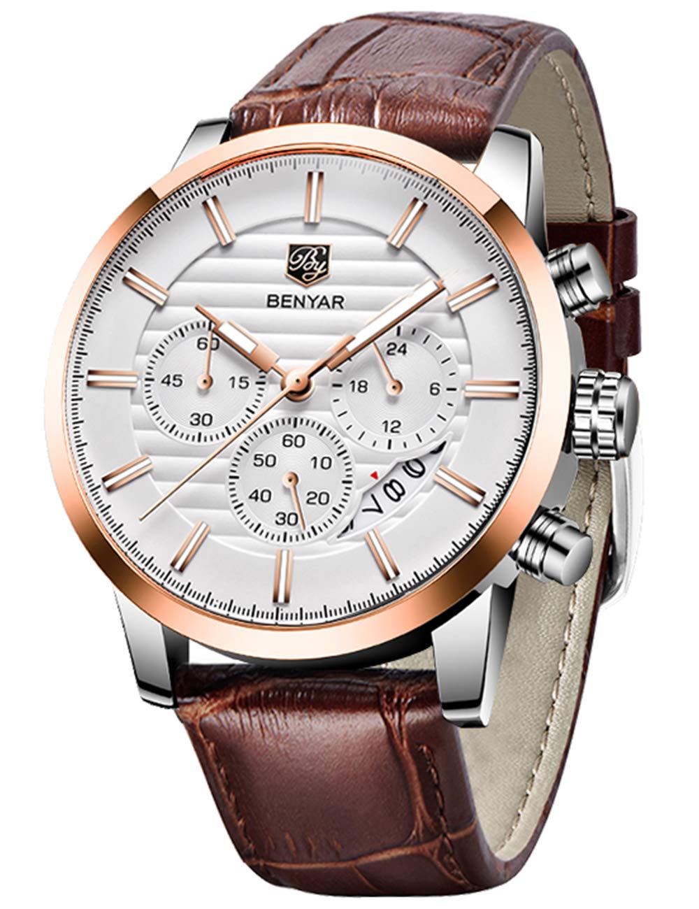 HOTBENYAR Quartz Chronograph Waterproof Watches Business and Sport Design Leather Band Strap Wrist Watch for Men