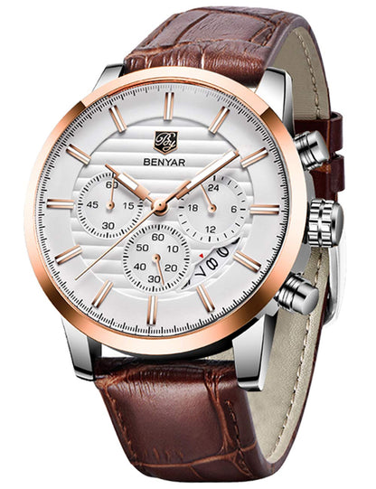 HOTBENYAR Quartz Chronograph Waterproof Watches Business and Sport Design Leather Band Strap Wrist Watch for Men