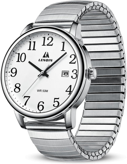 HOTLN LENQIN Mens Watches Stainless Steel Analog Quartz Watch for Men Easy Reader 38 mm Fashion Business Waterproof Men's Wrist Watches with Date and Expansion Band
