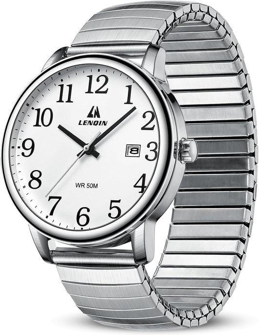 HOTLN LENQIN Mens Watches Stainless Steel Analog Quartz Watch for Men Easy Reader 38 mm Fashion Business Waterproof Men's Wrist Watches with Date and Expansion Band