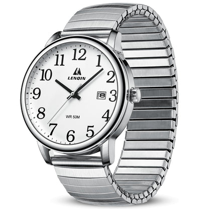 HOTLN LENQIN Mens Watches Stainless Steel Analog Quartz Watch for Men Easy Reader 38 mm Fashion Business Waterproof Men's Wrist Watches with Date and Expansion Band