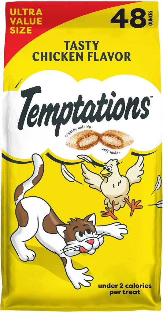 HOTTemptations Classic Crunchy and Soft Cat Treats, Tasty Chicken, 48 oz | 100% complete & balanced for adult cats, under 2 calories per treat, use as meal or food topper, stay-fresh tub