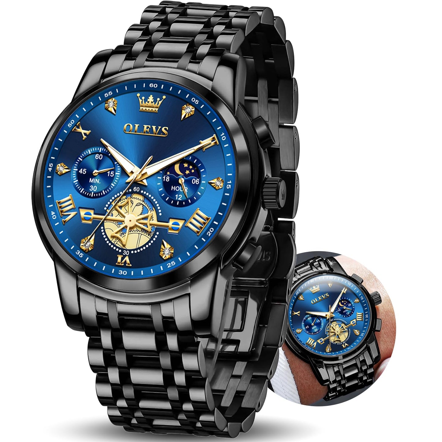HOTOLEVS Watches Men Stainless Steel Chronograph Watch Luxury Big Face Man Dress Watches Waterproof Roman Numeral Analog Quartz Men Wrist Watch Diamond Relojes para Hombre(Silver/Black/Gold/Red/Blue)