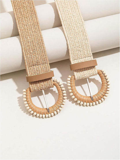 HOTGORGLITTER Women's 2 Pack Woven Belts Raffia Belts Boho Belt Stretchy Dress Belt
