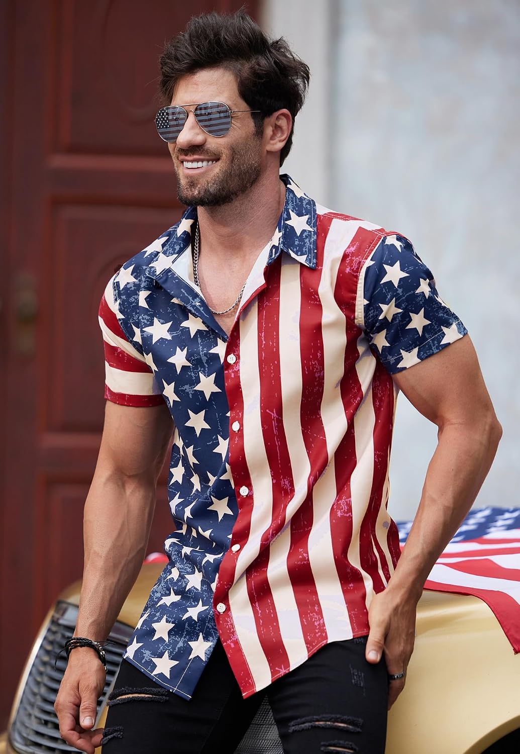 HOTArvilhill Men American Flag Button Shirt 4th of July Short Sleeve Shirts (S-3XL)