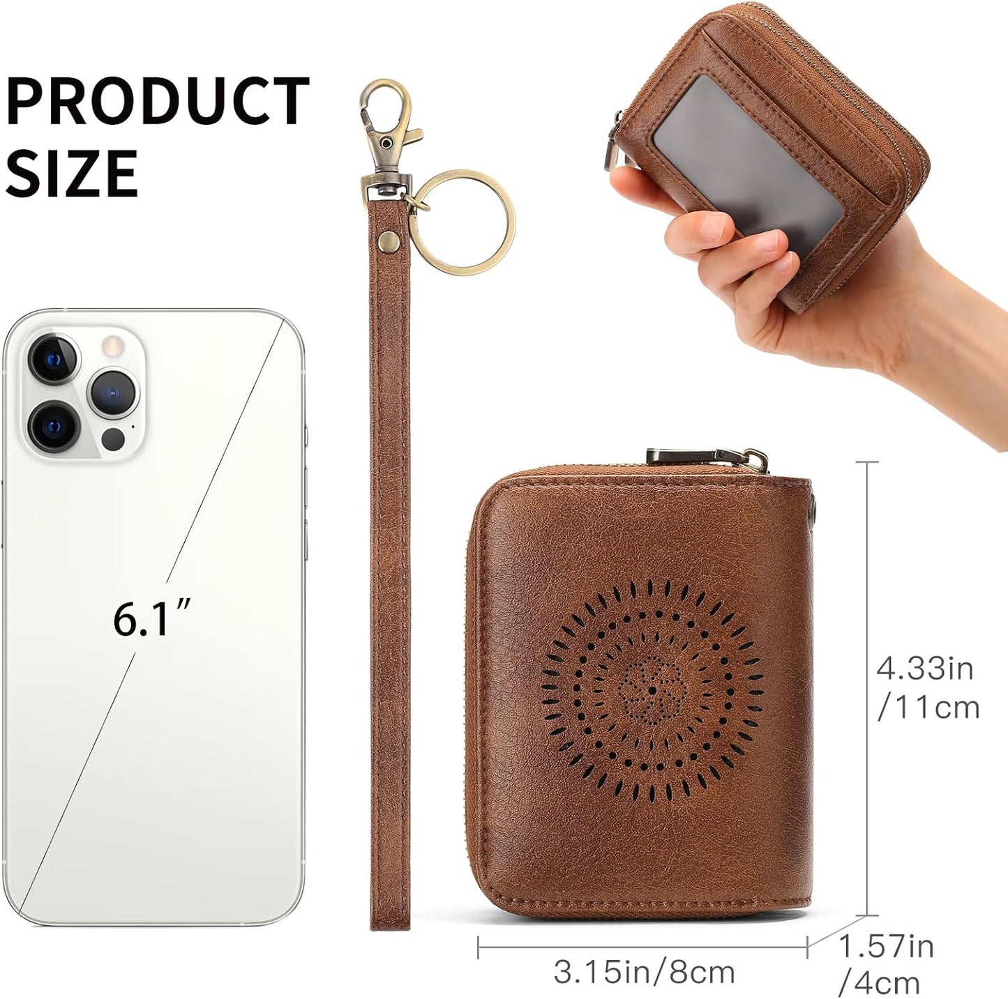 HOTSENDEFN Leather Credit Card Holder Small Wristlet Woman Wallets RFID Blocking Double Zipper with ID Window