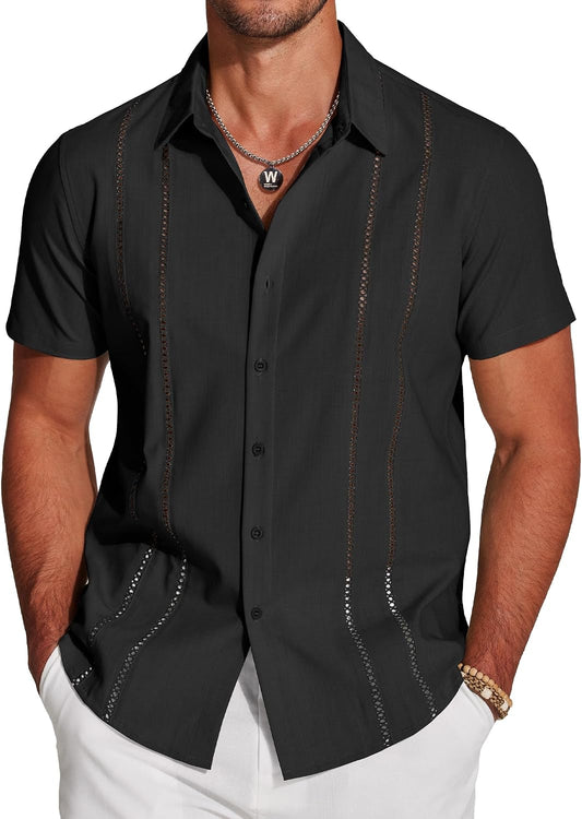HOTCOOFANDY Men's Cuban Guayabera Shirt Short Sleeve Button Down Shirts Casual Summer Beach Linen Shirts