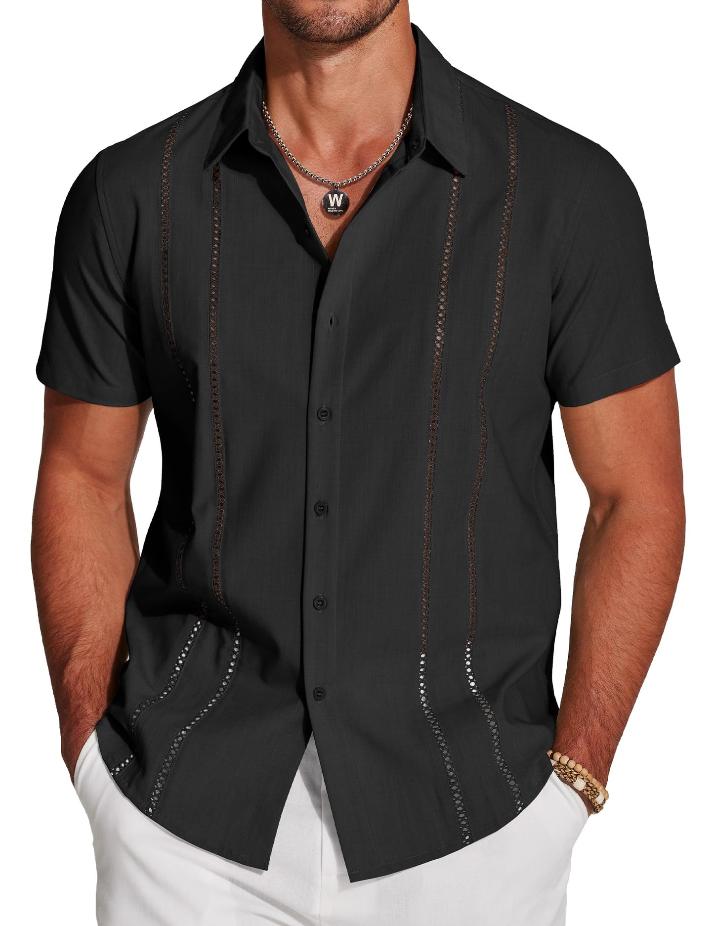 HOTCOOFANDY Men's Cuban Guayabera Shirt Short Sleeve Button Down Shirts Casual Summer Beach Linen Shirts