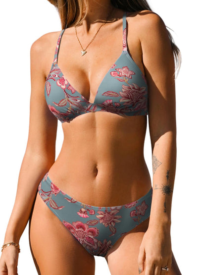 HOTCUPSHE Women's Triangle Bikini Set V Neck Two Piece Swimsuit Crossback | Bathing Suit, Removable Soft Cups, Crisscross Back Self Tie, Adjustable Straps, Mid Rise, Classic Coverage, Beach Vacation