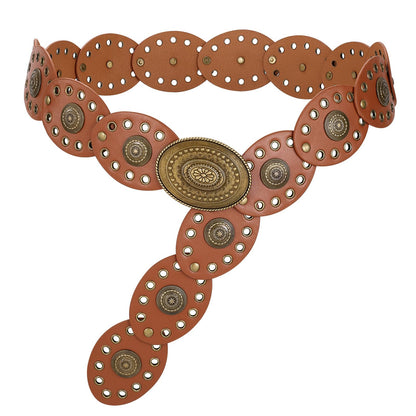 HOTLEACOOLKEY Hollow Western Disc Belt for Dress Boho Concho Belt Vintage Country Waist Belts for Women