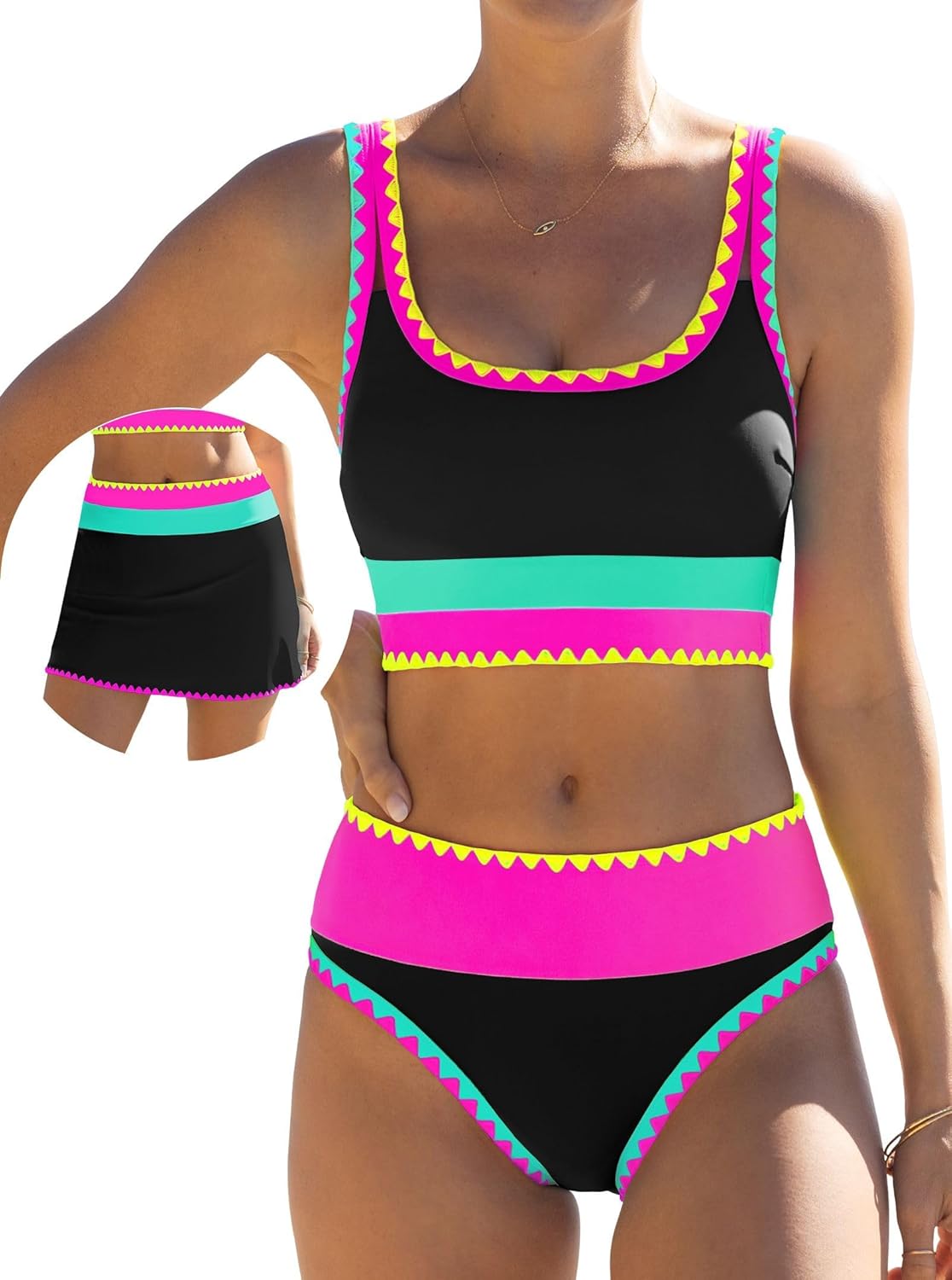 HOTpopvil High Waisted Bikini Sets for Women Tummy Control Swimsuits 3 Piece Bathing Suits Neon Swimwear with Skirt 2026