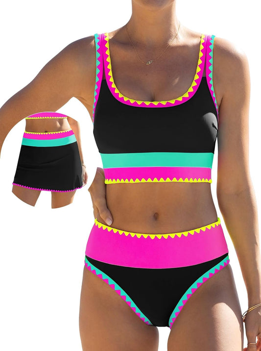 HOTpopvil High Waisted Bikini Sets for Women Tummy Control Swimsuits 3 Piece Bathing Suits Neon Swimwear with Skirt 2026