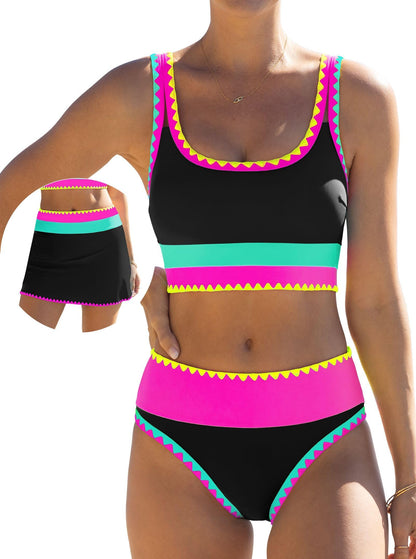 HOTpopvil High Waisted Bikini Sets for Women Tummy Control Swimsuits 3 Piece Bathing Suits Neon Swimwear with Skirt 2026