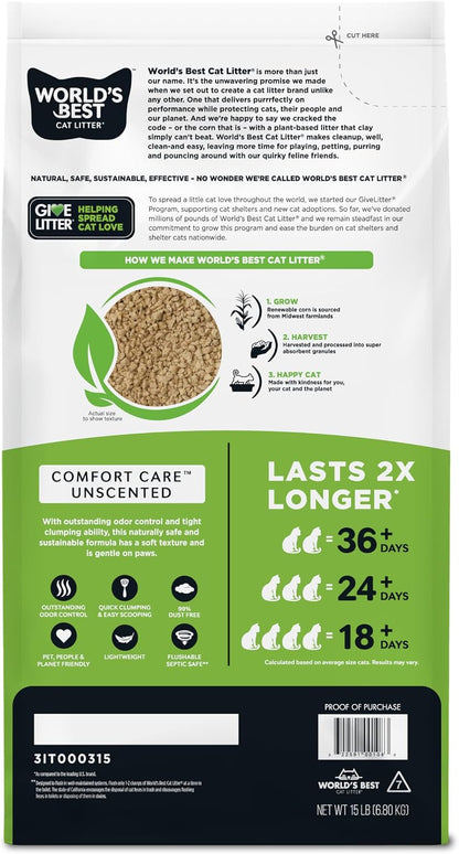 HOTWorld's Best Cat Litter, Comfort Care, Unscented, Odor Control, 15 lb Bag | Gentle odor control for sensitive cats and lasts 2x longer; natural corn litter, quick clumping, flushable, 99% dust free