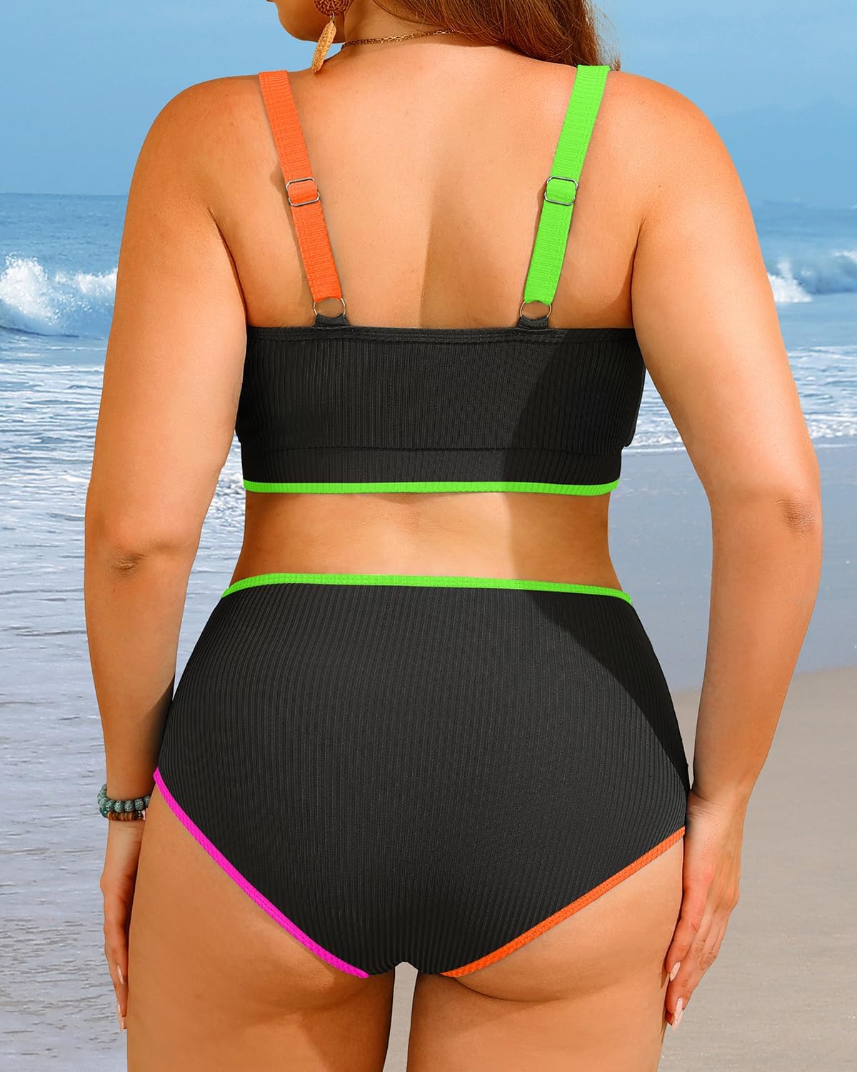 HOTWomen Plus Size High Waisted Bikini Ribbed Two Piece Tummy Control Swimsuit | V-Wired Bathing Suit, Adjustable Straps, Full Coverage, Full Lining
