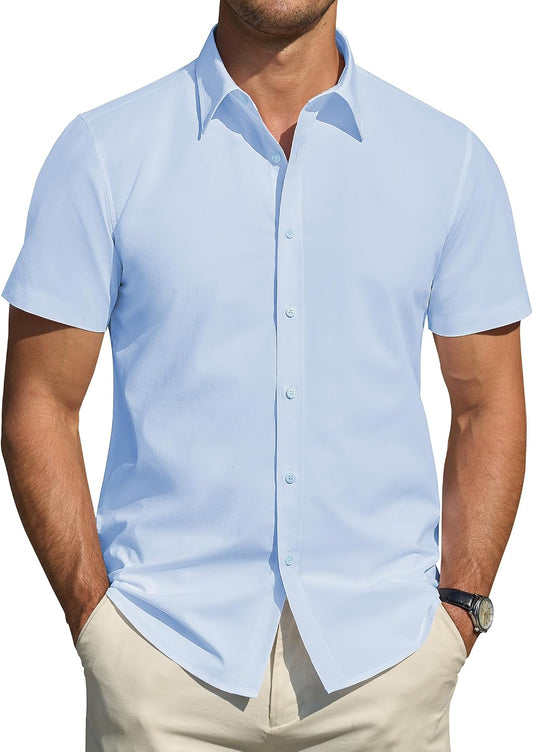 HOTJ.VER Men's Short Sleeve Dress Shirts Stretch Stain Shield Casual Button Down Shirts Solid Formal Shirt