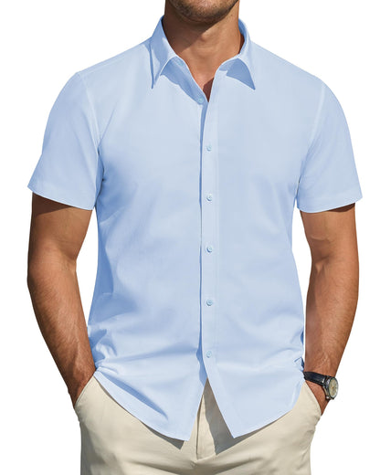 HOTJ.VER Men's Short Sleeve Dress Shirts Stretch Stain Shield Casual Button Down Shirts Solid Formal Shirt